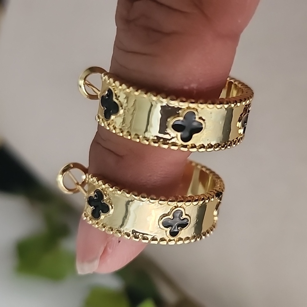 Gold Hoop Earrings with Quatrefoil Flower/ Clover Design